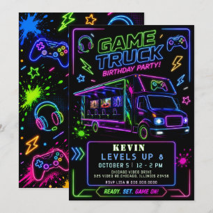 Convites Diversão em Neon no Caminhão de Jogos Aniversário