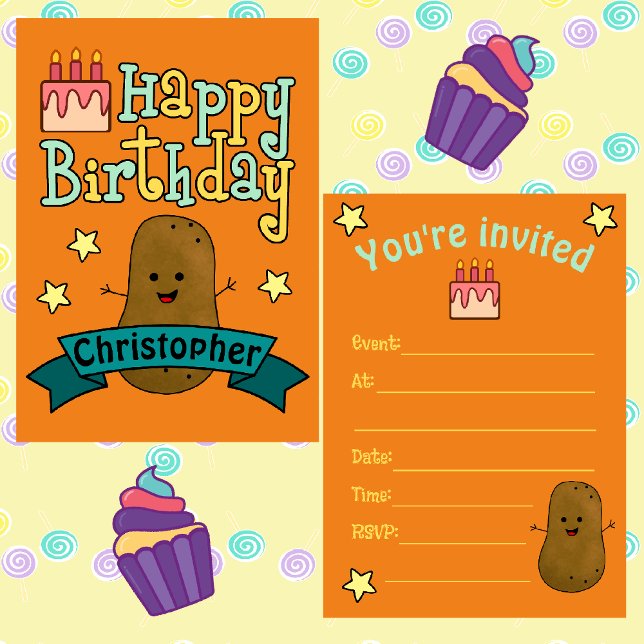 Convites Diversão Feliz Aniversário Batata Personalizado (Cute Potato Birthday Invitations)
