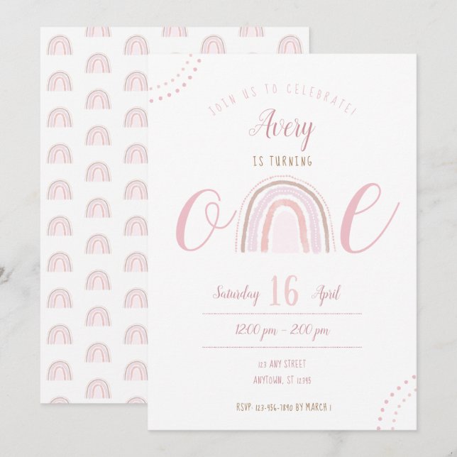 Convites Diversão Moderna Boho Rosa Arco-Íris Primeiro Aniv (Frente/Verso)