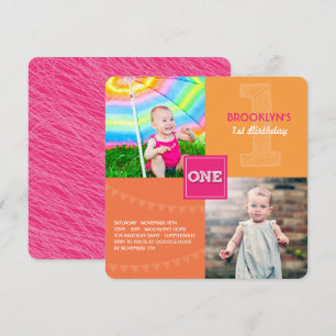 Convites Diversão Moderno Quadrado Um Foto Menina de 1º Ani