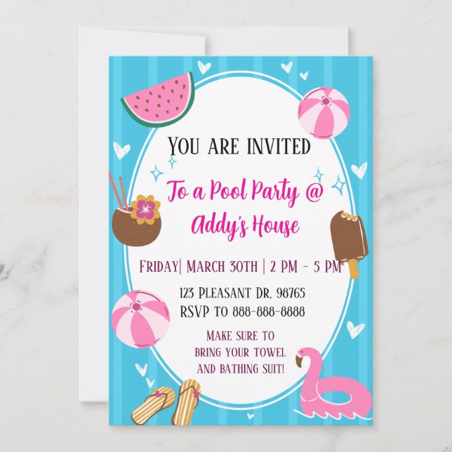 Convites Diversão na Festa da Piscina! Festa de Aniversário (Frente)