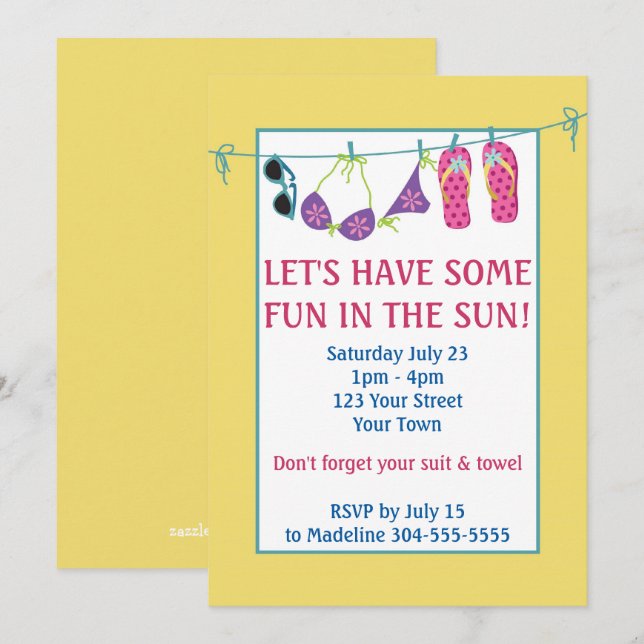 Convites Diversão No Sol Festa de Aniversário na Piscina (Frente/Verso)