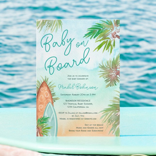 Convites Diversão Palmeiras tropicais praia bebê em chá con (Fun Tropical palm trees beach baby on board shower Invitation)
