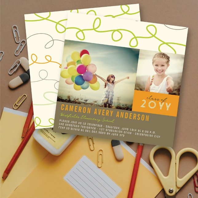 Convites Diversão Rascunhos Moderno 2 Fotos Festa de Format (Preppy Orange, Lime Green and Grey Scribbles Modern 2 Photo Graduation Party Invitation @ fatfatin)