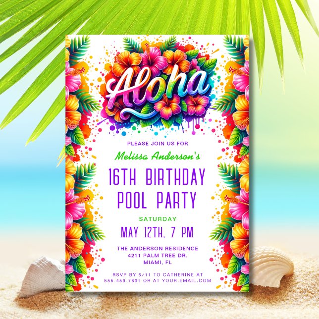 Convites Diversão Tropical Aloha Birthday Piscina Party Gre (Criador carregado)