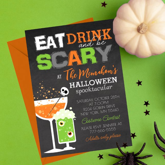 Convites Divertido Coma Bebida e Seja Assustador no Dia das (Eat Drink and Be Scary Fun Adult Chalkboard Halloween Invitations. Available printed or digital)