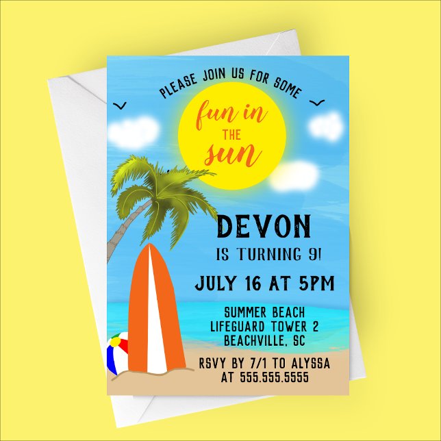 Convites Divertido na Festa de aniversário Sun Beach (Fun in the Sun - Beach Themed Birthday Party Invitation)