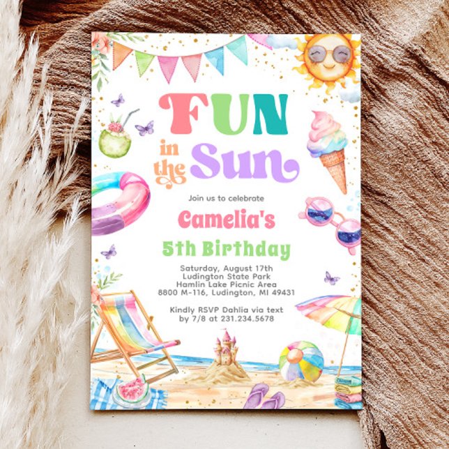 Convites Divertido na festa Sun Summer Birthday Beach (Fun in the Sun Summer Birthday Beach Party Invitation)