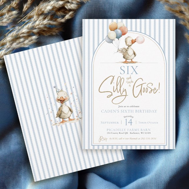 Convites Divertido SEIS Ganso Tolo Bonito Menino Arco 6º An (SIX Silly Goose blue ticking pinstripes modern arch whimsical geese boys 6th birthday invitations)