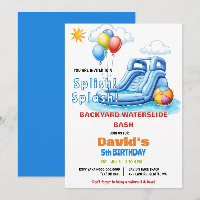 Convites Dividir Parada de Piscina Espalhada Waterslide Ani (Frente/Verso)