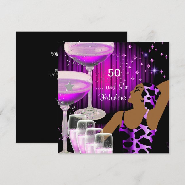 Convites Divina de 50 Aniversário Fabulosa Roxo Rosa (Frente/Verso)