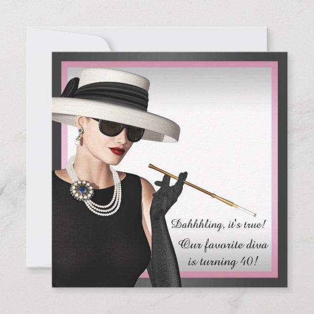 Convites Divina Elegante Rosa e Preto Aniversário de 40 ano (Frente)