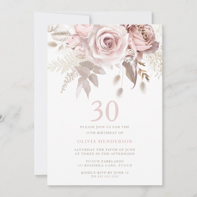 Convites Divine Blush Pink Roses aniversário de 30 anos (Frente)