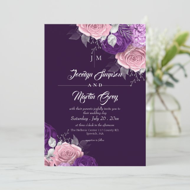 Convites Divino Caprichoso ⎮Casamento Floral Roxo (Em pé/Frente)