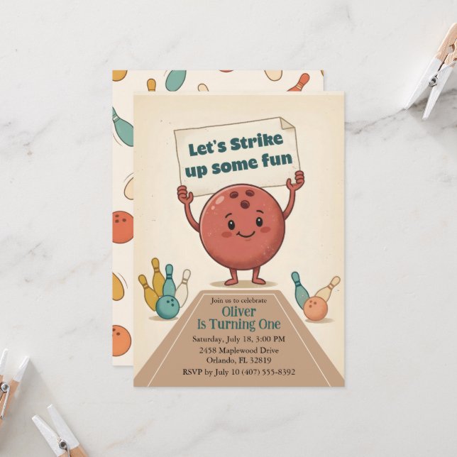 Convites Divirta-se com uma Festa de Boliche Aniversário de (Frente/Verso In Situ)