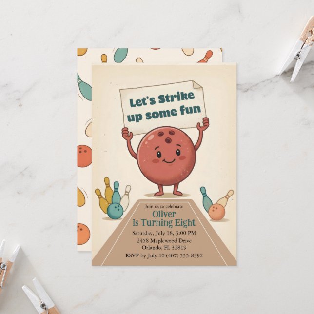 Convites Divirta-se com uma Festa de Boliche Aniversário de (Frente/Verso In Situ)