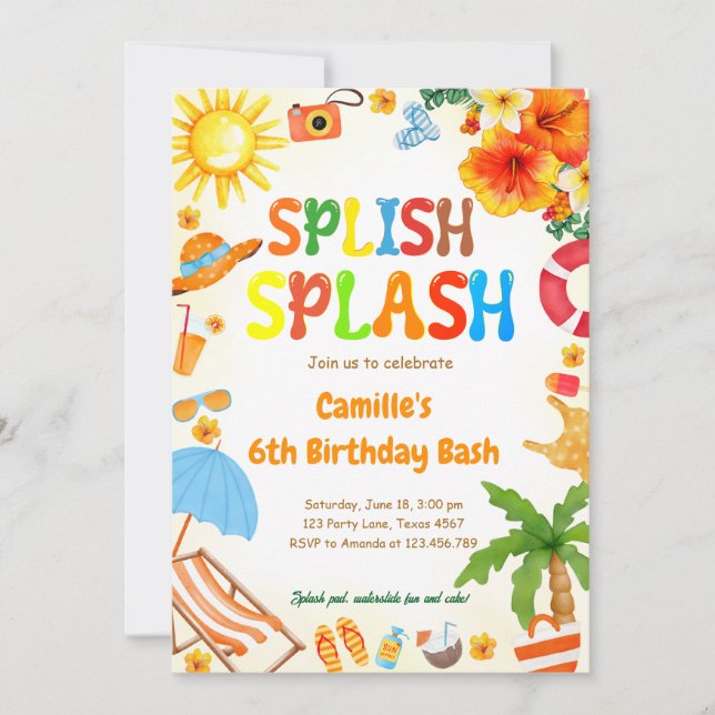 Convites Divirta-se Festa de Piscina de Bash de Aniversário (Frente)