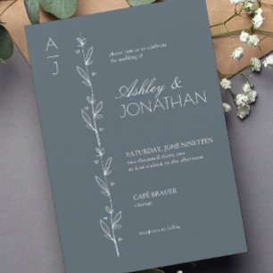 Convites Divisor Botânico Moderno Casamento Azul Dusty