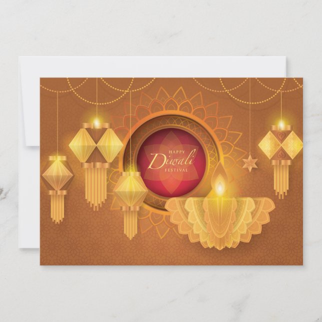 Convites Diwali Papercut Deepa & Lanterns, ouro (Frente)