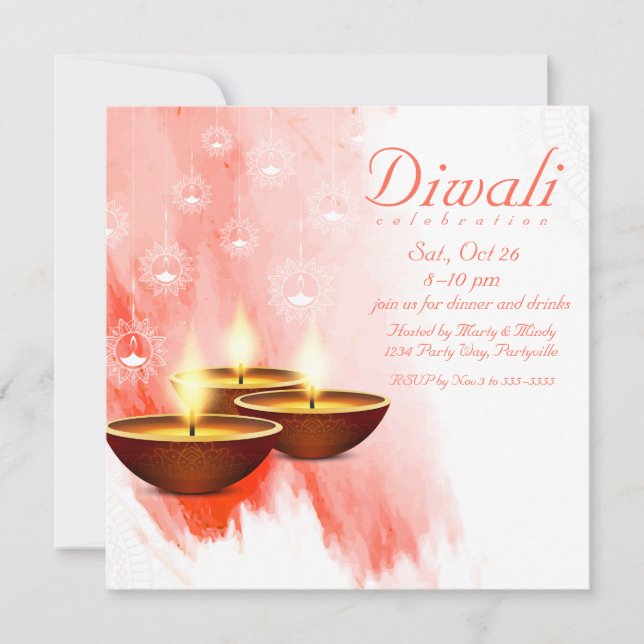 Convites Diwali Red Watercolor com Diyas (Frente)