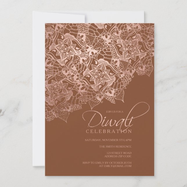 Convites Diwali typography faux rosa gold mandala Brown (Frente)