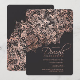 Convites Diwali typography faux rosa gold mandala em cinza