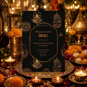 Convites Diyas Elegantes Diwali Preto e Dourado