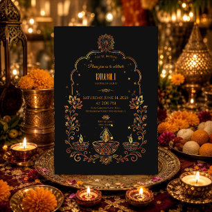 Convites Diyas Elegantes Diwali Preto e Dourado