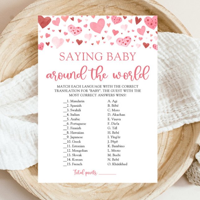 Convites Dizendo Bebê ao Redor do Mundo Jogo (Watercolor Pink Red Hearts Valentine Sweetheart Girl Saying Baby Around The World Baby Shower Game)