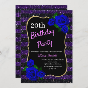 Convites Do brilho preto roxo da listra do aniversário