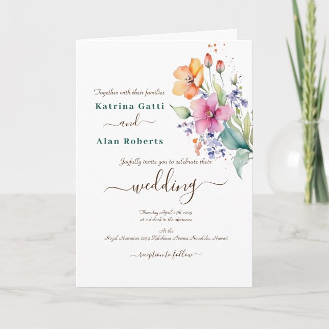 Convites Dobrados de Amarelo Rosa Florido Pêssego (Frente)