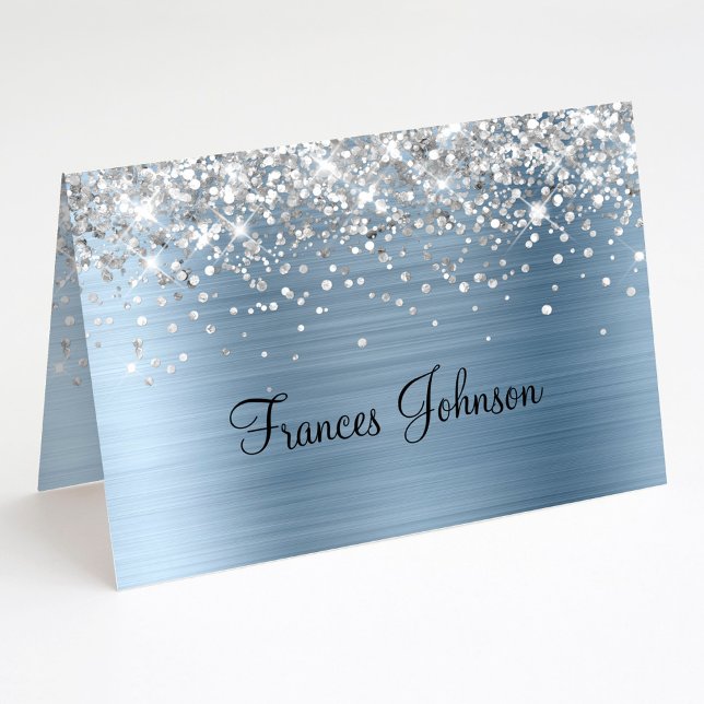 Convites Dobre As Suas Próprias Placas De Colocação De Folh (Fold Your Own Silver Glitter Blue Foil Place Cards)