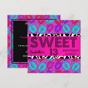 Convites Doce 13 13º Aniversário Lábios Vaca Roxo Rosa Azul