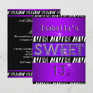 Convites Doce 13 Aniversário de 13 anos Zebra Roxo Preto