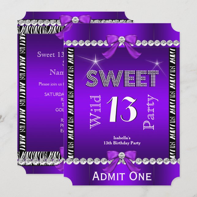 Convites Doce 13 Festa Divertida Zebra Ingresso Roxo 3 (Frente/Verso)