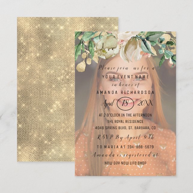 Convites Doce 16ª Flores Fotográficas Douradas Spark Girly (Frente/Verso)