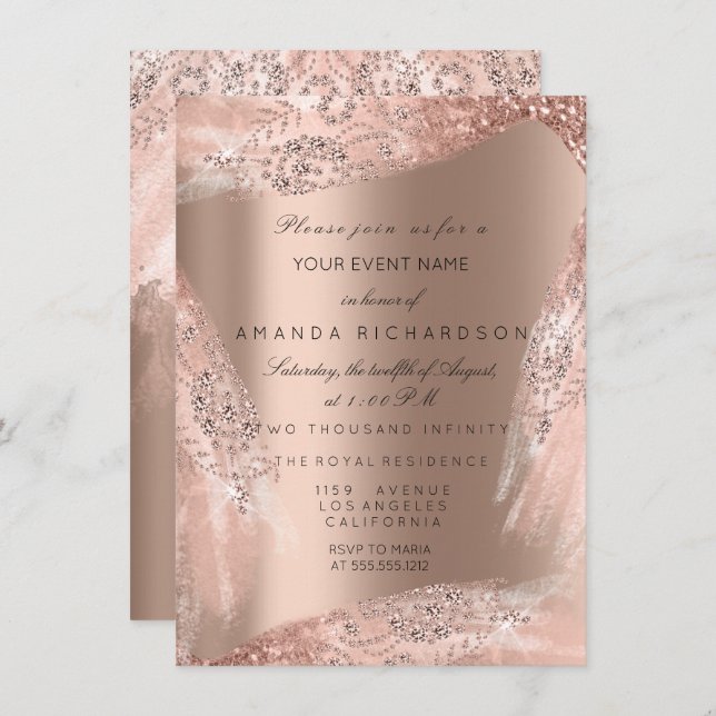 Convites Doce 16º Rosa de vestir de noiva Dourada Sparkly (Frente/Verso)