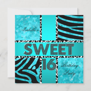Convites Doce 16 16º Aniversário Zebra Vaca Azul Turquesa P