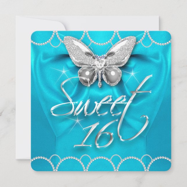 Convites Doce 16 16º Azul Turquesa Borboleta Pérola Festa (Frente)