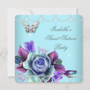 Convites Doce 16 16º Floral Azul Teal Borboleta Pérola