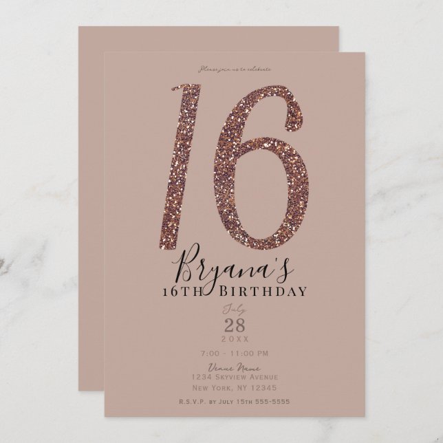 Convites Doce 16°, 16 fãs, cor-de-rosa, Rosa com brilho (Frente/Verso)