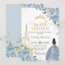 Doce 16 Aniversário Bebê Azul Floral Paris Dourado