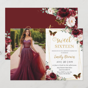 Convites Doce 16 Aniversário Burgundy Blush Floral Borbolet