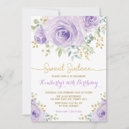 Convites Doce 16 Aniversário Doce Dourado Floral Roxo Sesse