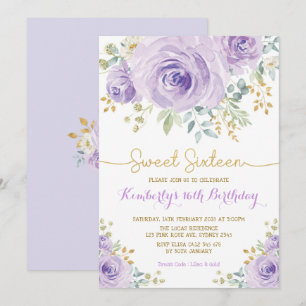 Convites Doce 16 Aniversário Doce Dourado Floral Roxo Sesse