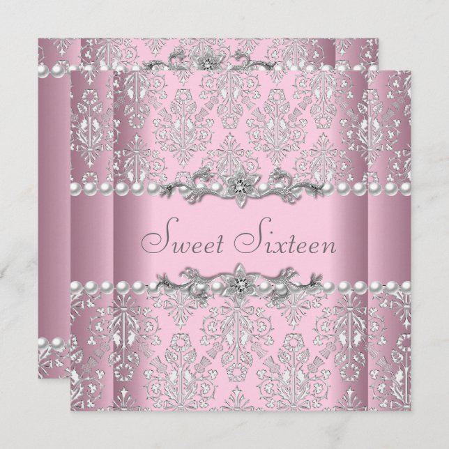 Convites Doce 16, Aniversário, Lace de Pérolas Brancas (Frente/Verso)