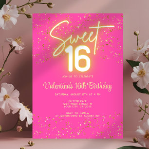 Convites Doce 16 Aniversário Rosa Neon Brilho Dourado Lante