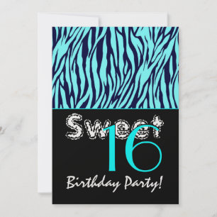 Convites Doce 16 Aniversário Zebra Stripes Azul Azul Azul