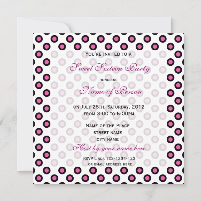Convites Doce 16 aniversários, bolinhas rosa (Frente)