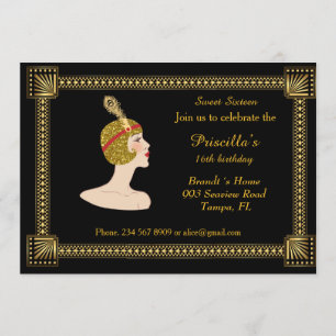 Convites Doce 16 anos, estilo Gatsby, preto e ouro